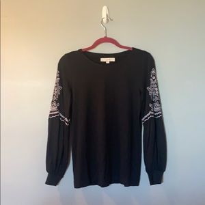 Loft black long sleeve top with white embroidery
